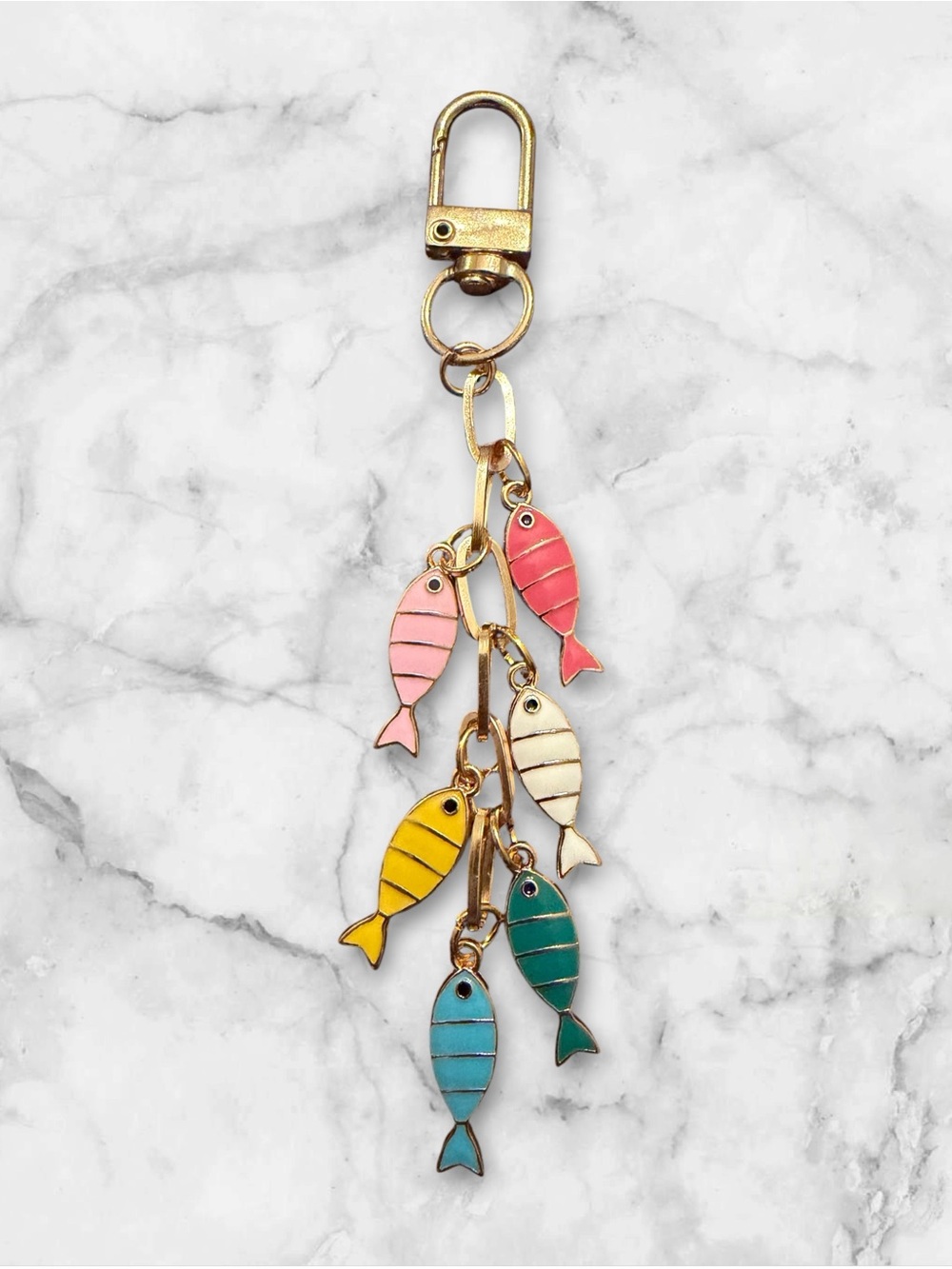 Gold Bag Charm with Pink, Yellow, Teal, Green & Cream Fish Charms